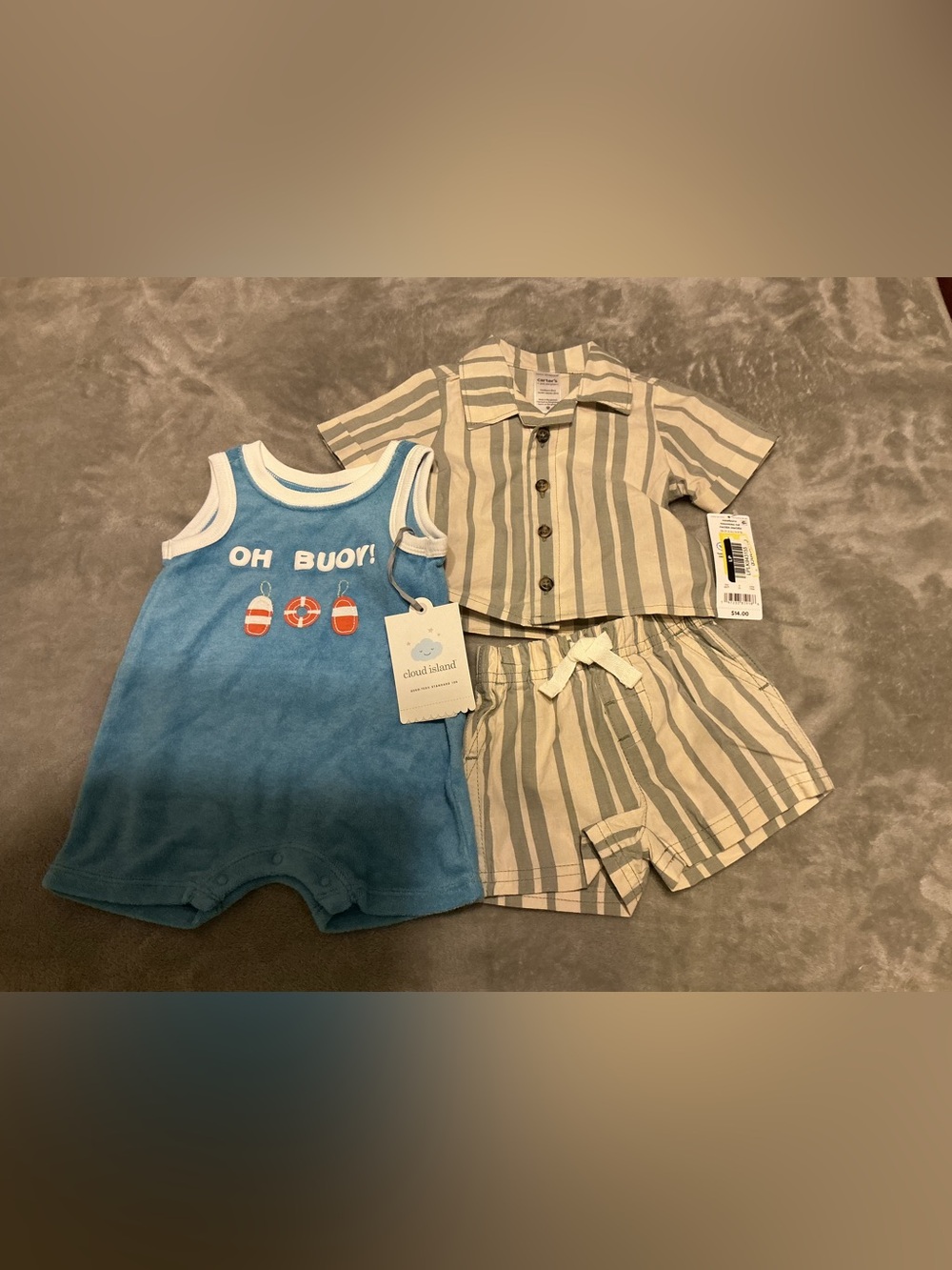 Newborn cloud island Blue 'Oh Buoy!' Romper with Beige Stripe Shirt & Shorts Set